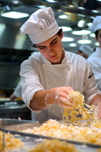 A boy cooking pasta in the kitchen. A chef trainee. Wearing uniform and chef hat. 