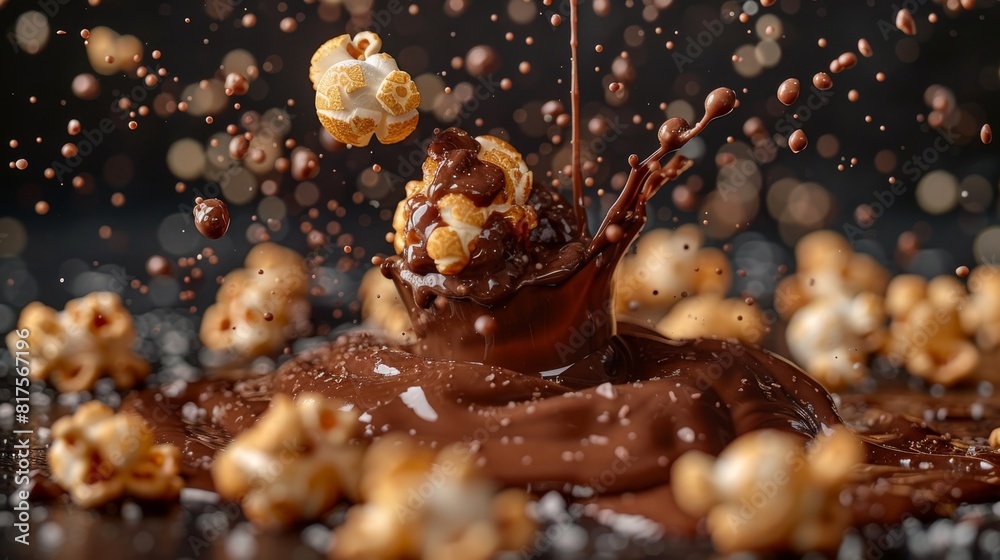 Popcorn splashing into melted chocolate, indulgent treat, rich and decadent, focus on motion and texture Popcorn splashing into melted chocolate, indulgent treat, rich and decadent, focus on motion and texture