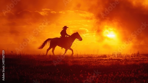 A silhouette of a lone rider galloping across a vast  