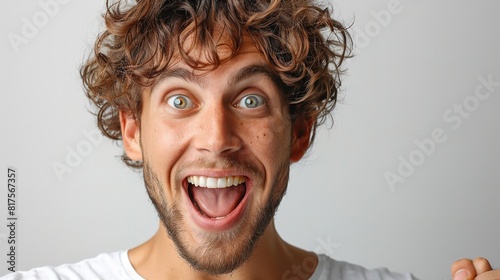 A man with curly hair contorts his face into a humorous expression, showcasing his playful side