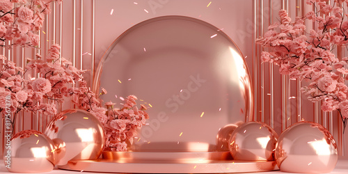 Empty glass dome design for product presentation case and flowers interior pink room design weeding concept. 