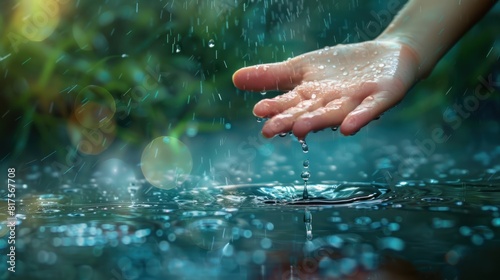 A woman s hand  adorned with a single raindrop  