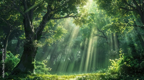 Sunbeams streaming through a lush green forest canopy, nature background © CStock