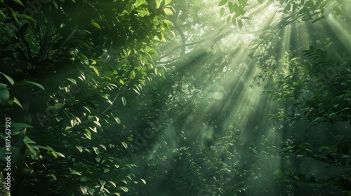 Sunbeams streaming through a lush green forest canopy  nature background