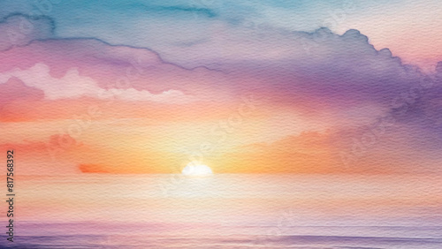 watercolor paper texture. A serene watercolor seascape with a vibrant sunset casting warm hues across the sky, reflecting on the tranquil ocean waves. photo