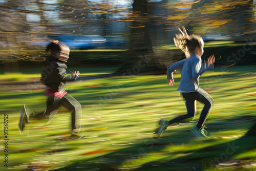 Children running and playing in a park, with blurred trails capturing their liveliness and boundless energy