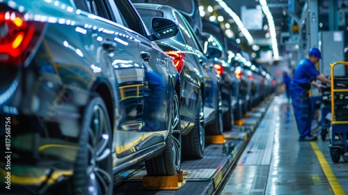 Modern car manufacturing plant with rows of new cars on the assembly line and a worker inspecting the vehicles under bright factory lights.