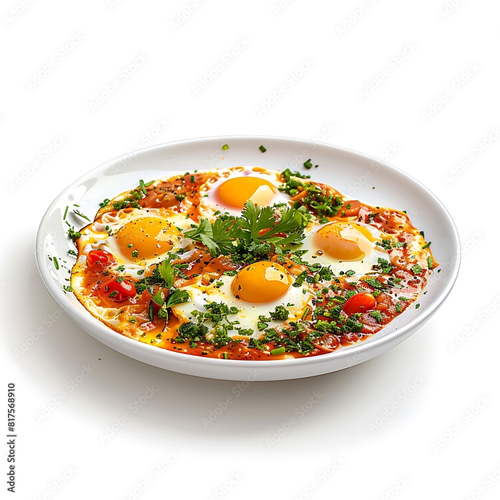 Shakshouka on White Plate Isolated on White Background : Suitable for Be Used in Blog Posts, Social Media Posts or Website Content Related to Food and Beverages.