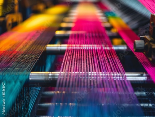 Vivid close-up of a modern textile loom weaving colorful fabrics, showcasing the intricate process of textile production with vibrant blue and pink threads.