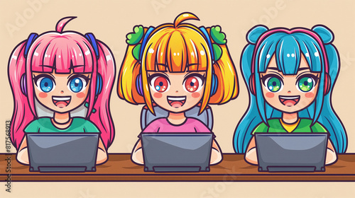 Three colorful anime girls with pink, orange, and blue hair, wearing headsets, sitting in front of laptops, smiling enthusiastically. photo