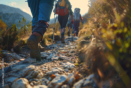Hikers trekking on a mountain trail, with motion trails highlighting their drive and sense of adventure