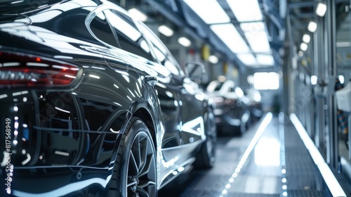 Sleek luxury cars on a modern assembly line in an automobile manufacturing plant, highlighting advanced automotive engineering and production technology.