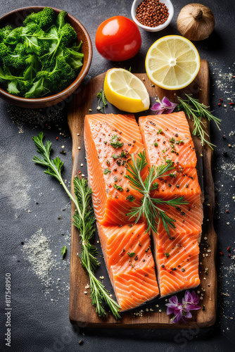 Delicious portion of fresh salmon fillet with aromatic herbs, spices and vegetables  healthy food, diet or cooking concept photo