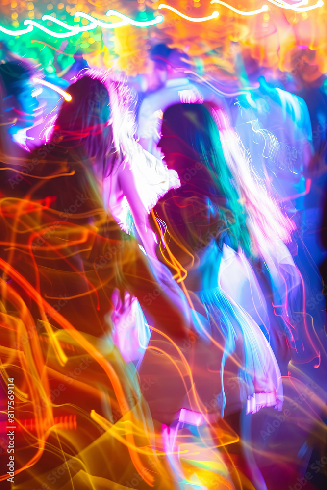 Fototapeta premium Friends dancing at a music festival, with colorful trails and blurred lights conveying euphoria and excitement