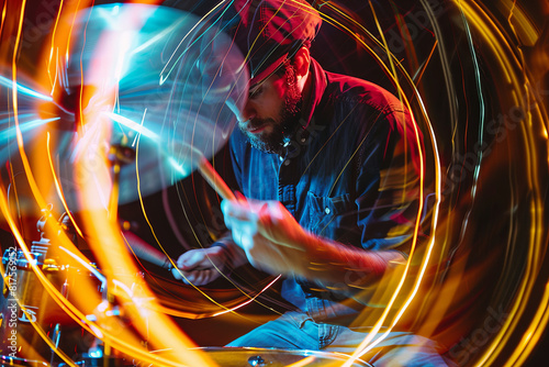 Musician playing an instrument with intensity, with motion trails capturing their energy and virtuosity