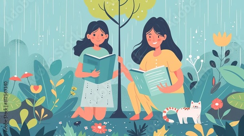 Mother and daughter performing daily activities together  reading book, planting tree, walking under rain, playing sports game, iceskating, painting, washing cat Flat colored vector illustration photo
