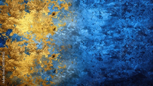 A blue and gold painting with a blue background and gold leaves