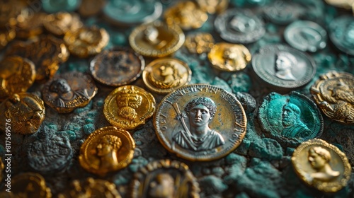 Macro photographs of ancient greek and roman coins with emperors, gods, and mythical creatures