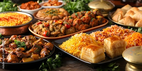 Celebrating Eid Mubarak with a scrumptious feast featuring biryani and baklava. Concept Eid Mubarak Feast, Biryani Delights, Baklava Indulgence, Festive Celebration, Culinary Delights photo