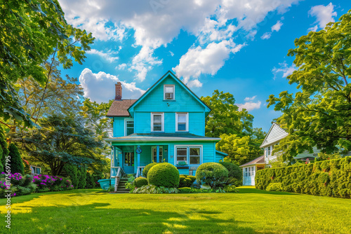 Charming house with a turquoise blue facade, nestled in a lush suburban neighborhood with a clear summer sky. Full front view."