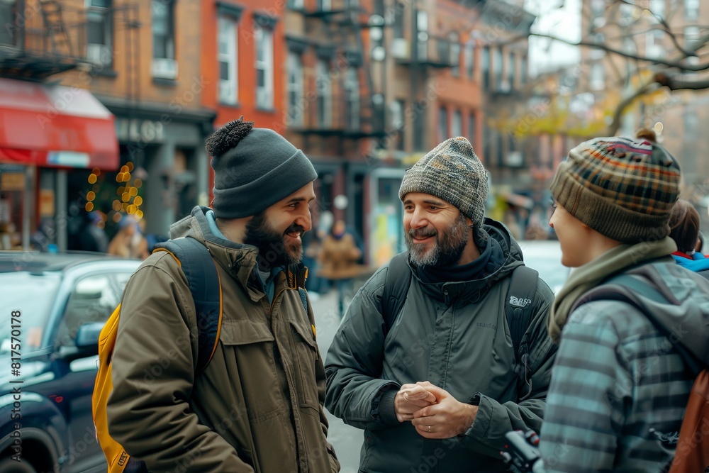 Two men in warm clothes talking and laughing while walking in the city Two men in warm clothes talking and laughing while walking in the city