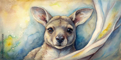 An endearing baby kangaroo peeking out from its mother's pouch, watercolor artwork.