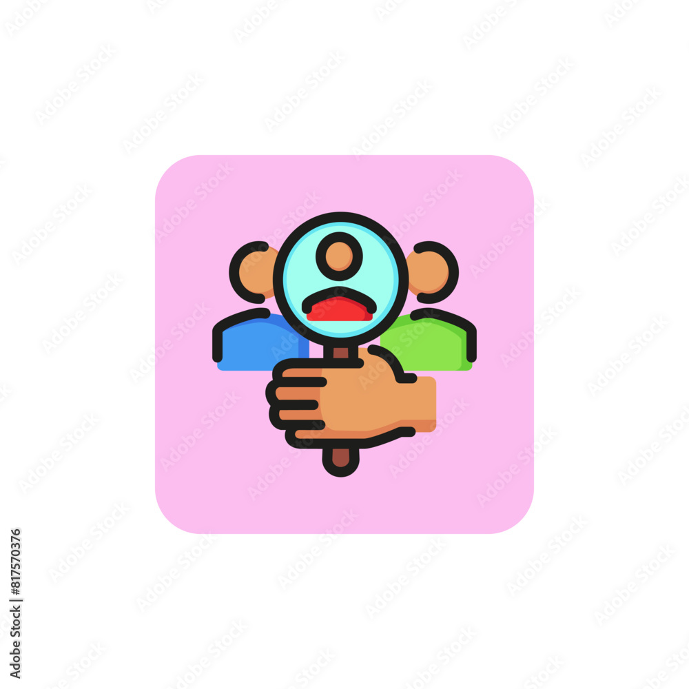 Line icon of hand holding magnifying glass and researching group of people. Customer discovery, hiring, target client. Hr management concept. For topics like business, commerce, recruitment Line icon of hand holding magnifying glass and researching group of people. Customer discovery, hiring, target client. Hr management concept. For topics like business, commerce, recruitment