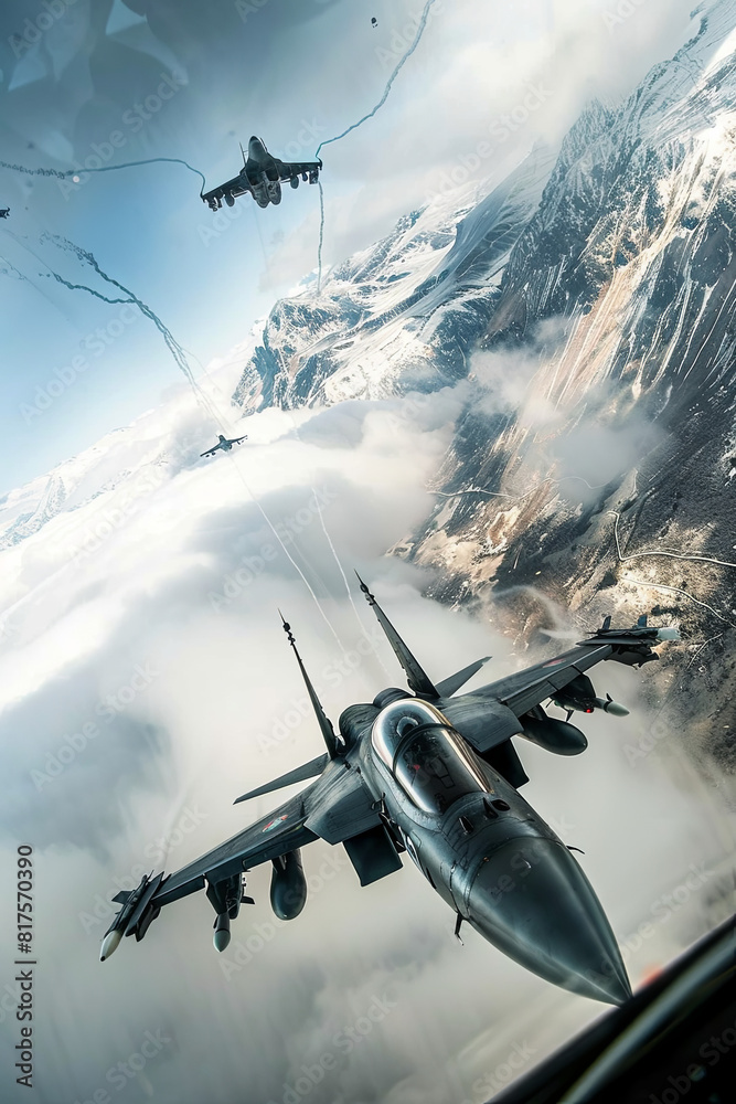 Naklejka premium Fighter jets soaring through a combat zone, evoking the intensity and high stakes of warfare