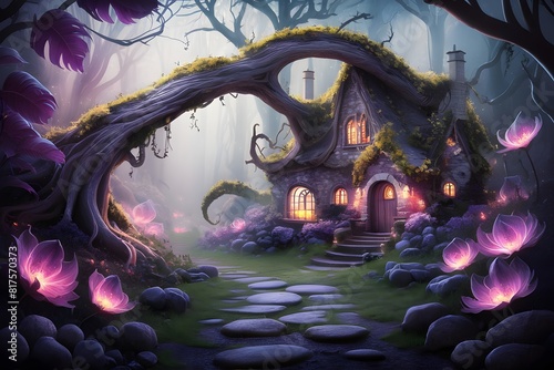Fairy tale cottage on magical forest