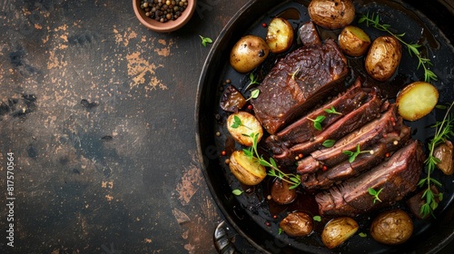 brisket on a pan with copy space. national brisket day background concept