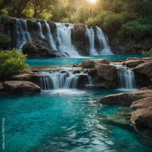  Celebrate the wonders of summer on the Solstice. Background  Turquoise waterfall cascading into a pool.