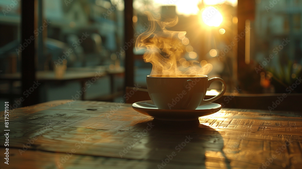 A cup of coffee on the table in a cafe at sunset A cup of coffee on the table in a cafe at sunset