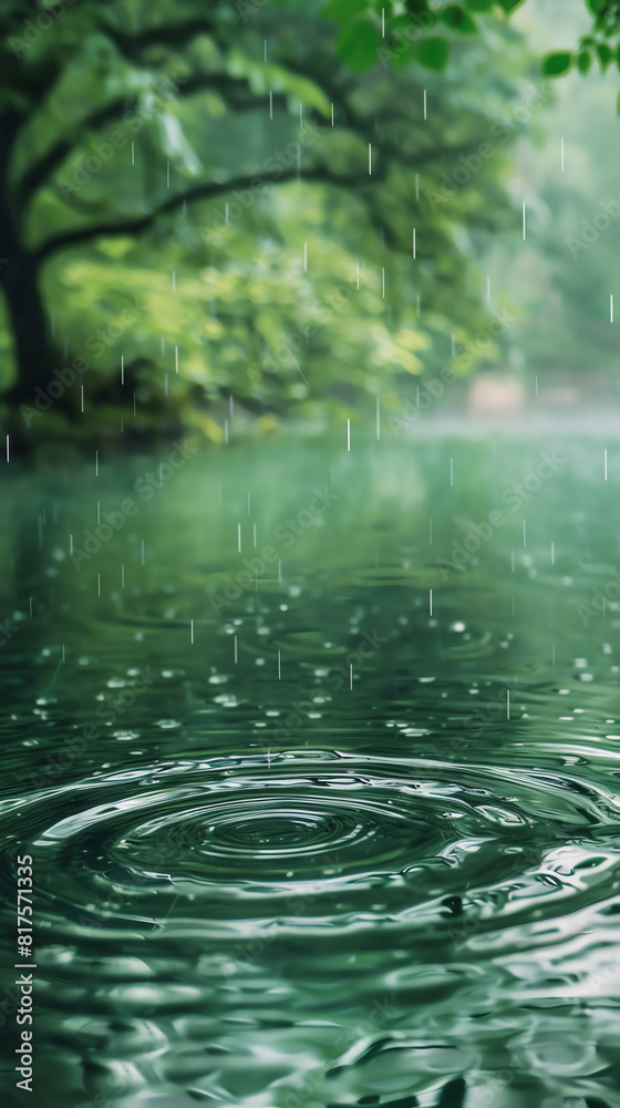 Tranquil lake reflecting raindrops amidst lush greenery on a rainy day Tranquil lake reflecting raindrops amidst lush greenery on a rainy day
