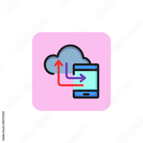 Icon of transferring data to phone. Exchanging data, connection, backup, hosing. Cloud storage concept. Can be used for topics like organizing data, technology, cyberspace