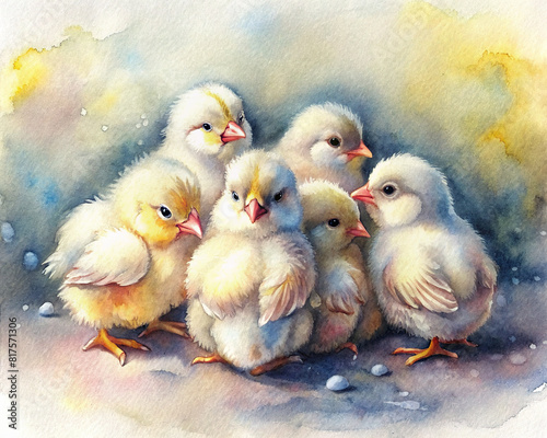A group of fluffy baby chicks huddled together  depicted in a soft and delicate watercolor style.