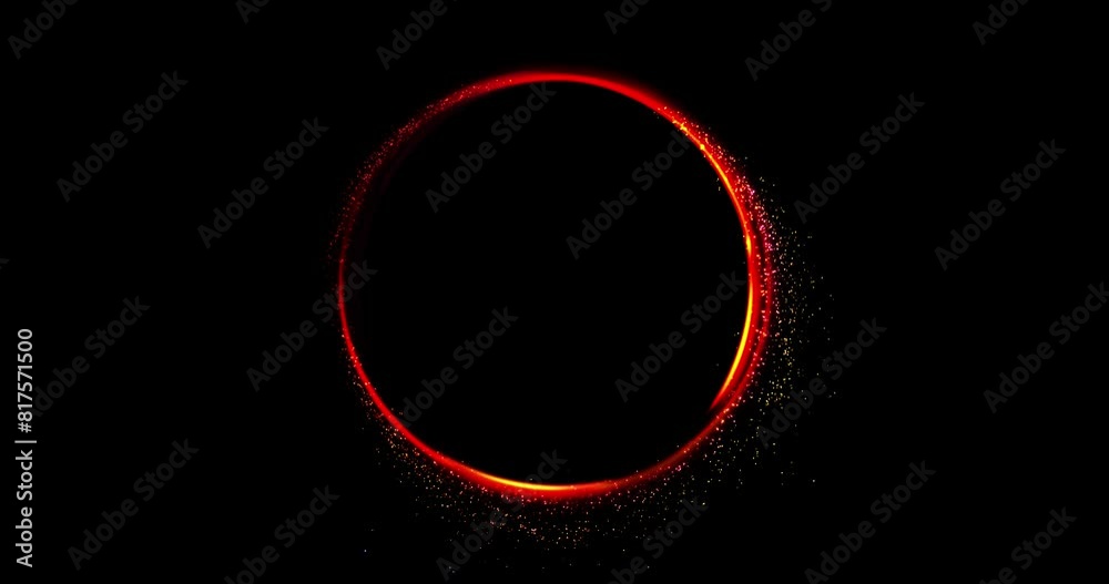 Abstract random flow animation of colorful particles through neon portal. Vibrant hues of red create a dynamic scene, where circle of light bloom and splash in smooth and continuous motion