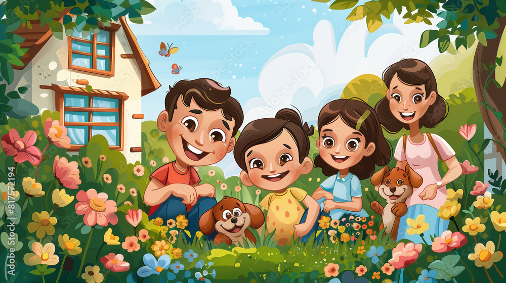 children with the dog in the garden in the spring children with the dog in the garden in the spring