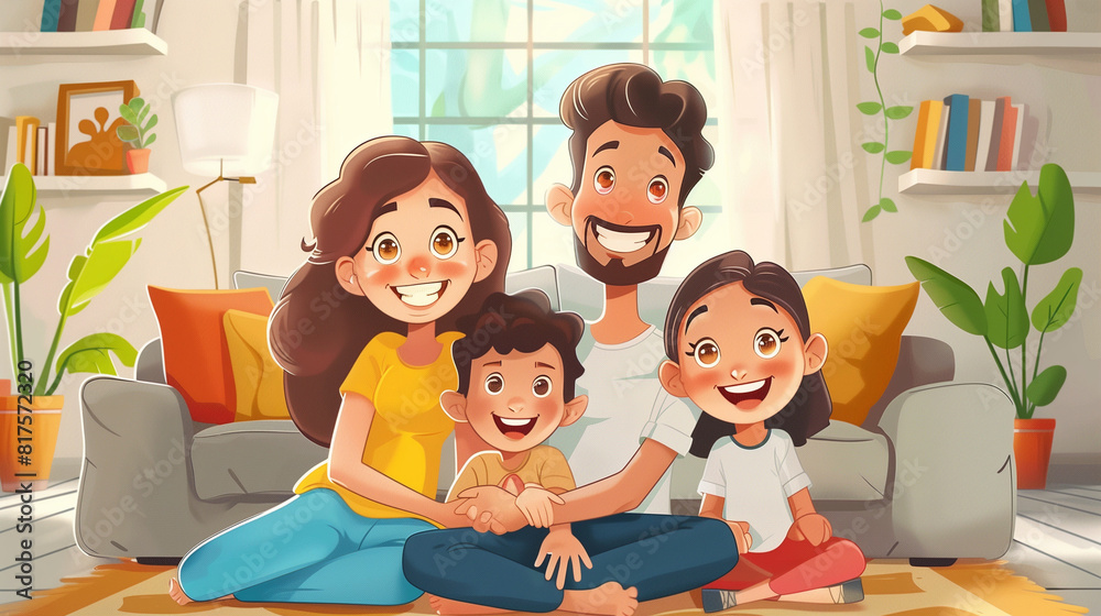 Fototapeta premium cartoon happy family on the floor in living room