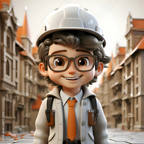 3D illustration of a boy in a construction helmet on a city street photo