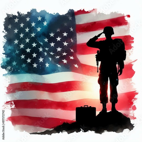 Watercolor Illustration of Happy Memorial Day USA: American Soldier with Flag photo