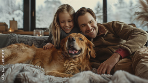 happy family with dog in living room 