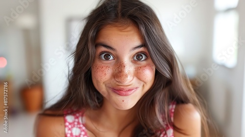 A young girl is playfully making faces directly at the camera, showing various expressions and emotions