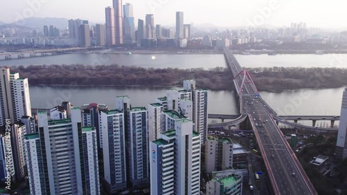 Sideways fly, view of Seogang bridge, Han river, Bamseom island and more. Seoul photo