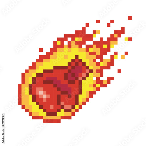 Boxing glove on fire, pixel art sport