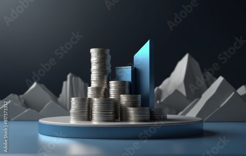 a podium with a stack of silver coins  display scene presentation for product placement Financial concept and business profit growth.