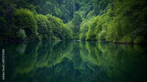 A serene lake surrounded by dense forest, with the reflection of the trees shimmering in the calm water. 32k, full ultra HD, high resolution