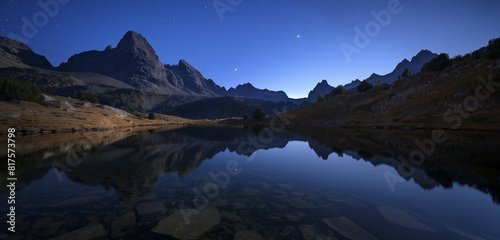 A serene mountain lake at night, reflecting the clear, star-filled sky and the shadows of surrounding peaks. 32k, full ultra HD, high resolution