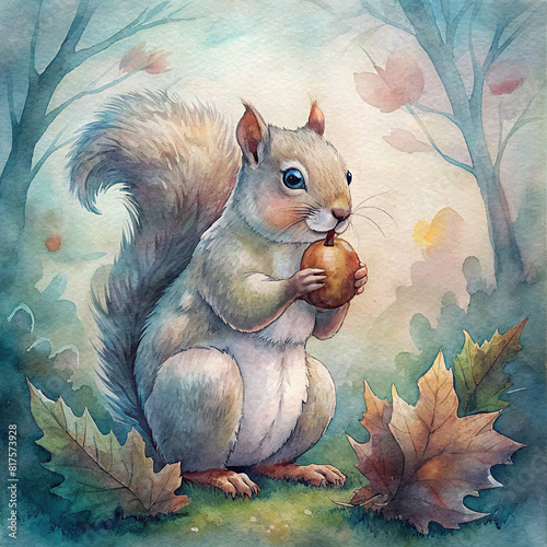 A whimsical depiction of a chubby squirrel nibbling on an acorn, set against a watercolor woodland backdrop photo
