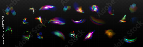 Iridescent crystal leak glare reflection effect. Optical rainbow lights, glare, leak, streak overlay. falling confetti. Vector colorful vector lenses and light flares with transparent effects.