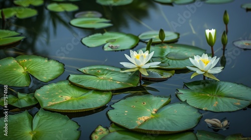 A serene view of a lily pad-covered pond  the green pads floating peacefully with a few blooming water lilies. 32k  full ultra HD  high resolution